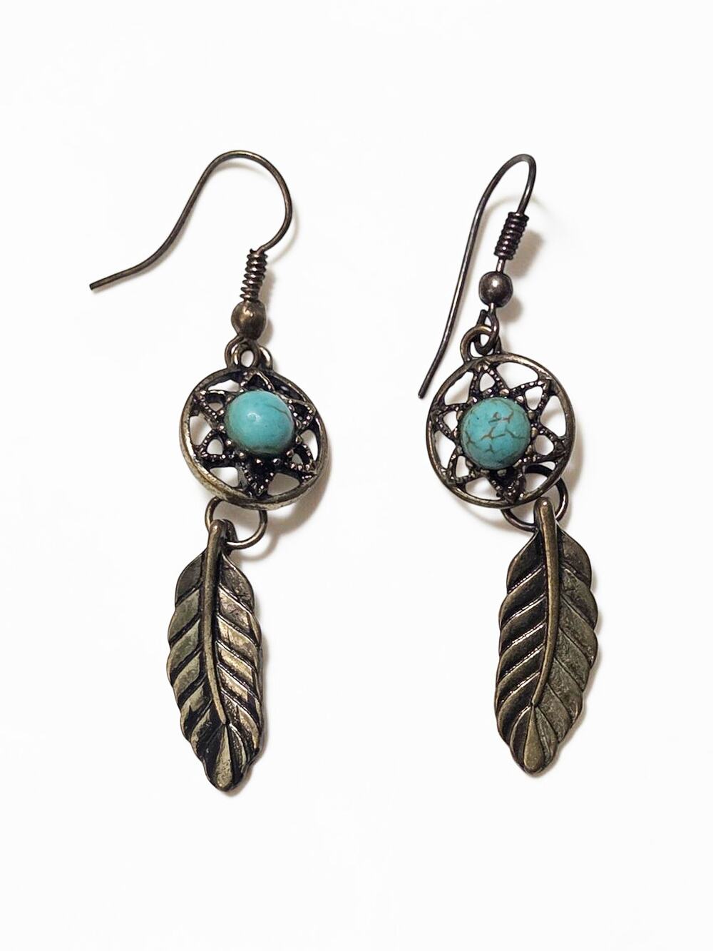Boho Distressed Gold Metal Feather Dream Catcher Dangle Earrings